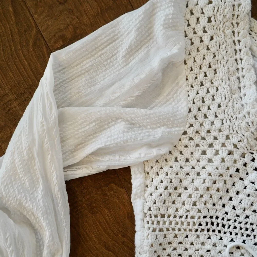 Free‎ People Megan Crochet Open Back Long Sleeve Eyelet Crop Top Ivory Sz S Boho